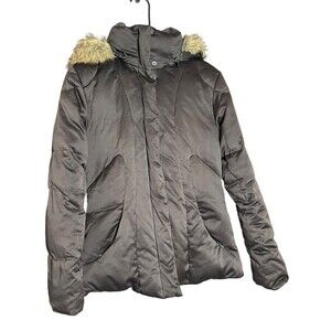 Calvin Klein Coat Womens Small Brown Puffer Parka Jacket Faux Fur Trim Duck Down
